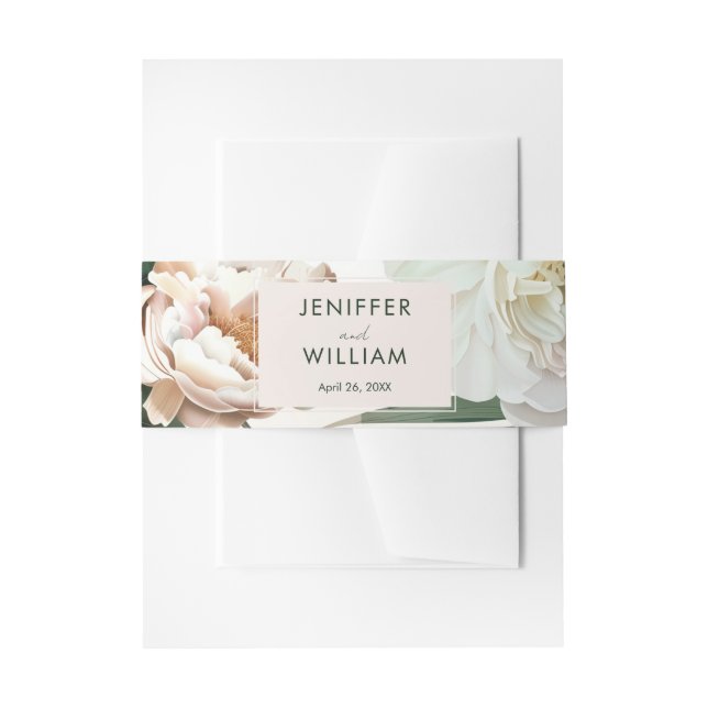 Peach White Peonies & Green Leaves Floral Wedding Invitation Belly Band (Front Example)