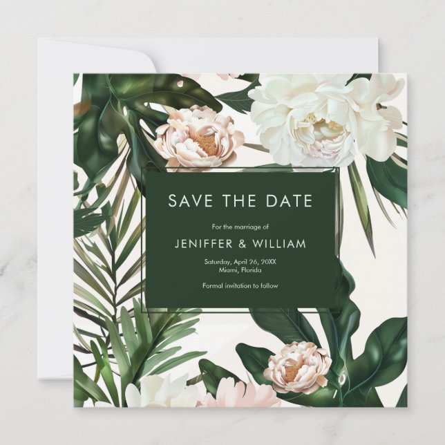 Peach White Peonies & Green Leaves Floral Wedding Save The Date (Front)