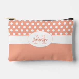 Peach White polka dots retro pattern Monogram Accessory Pouch