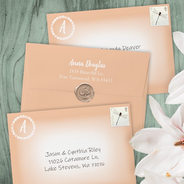 Peach White Pre-addressed 5x7 Invitation Monogram Envelope (peach white envelopes with white monogram design address pre-printed on back 5x7 invitation envelope)