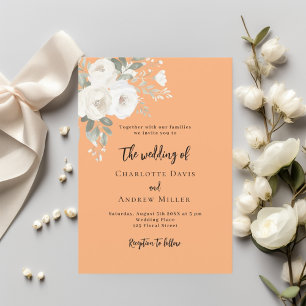 Peach white roses florals wedding invitation