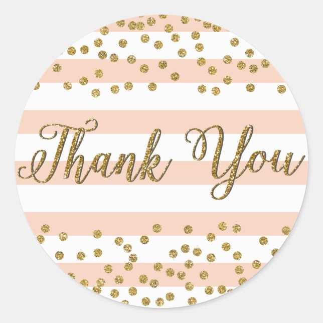 Peach White Stripe Gold Confetti Party Thank You Classic Round Sticker (Front)