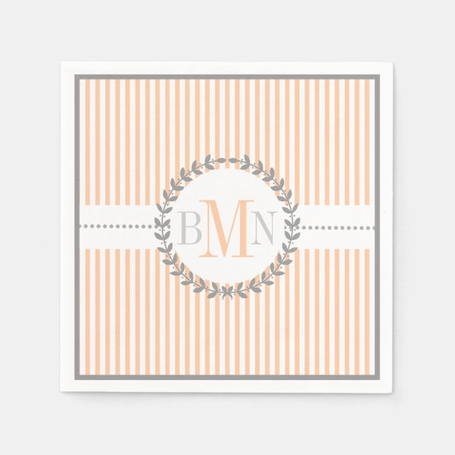 Peach, white striped pattern wedding napkin (Front)