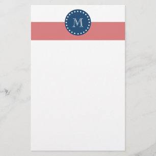 Peach White Stripes Pattern, Navy Blue Monogram Stationery