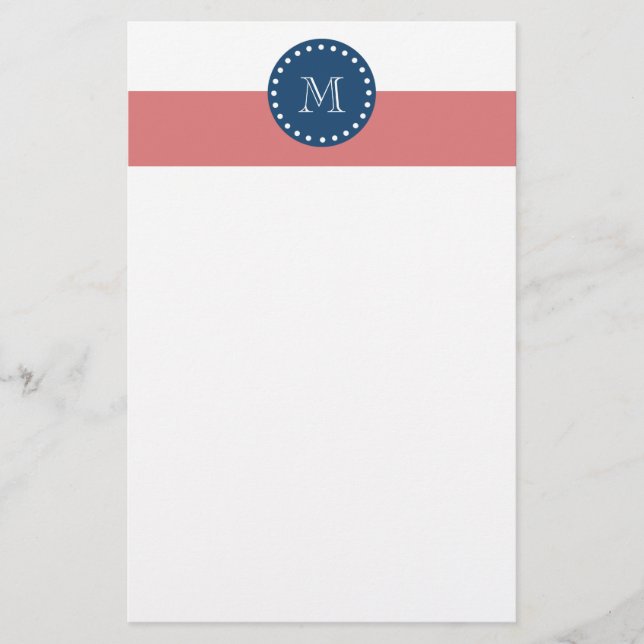 Peach White Stripes Pattern, Navy Blue Monogram Stationery (Front)