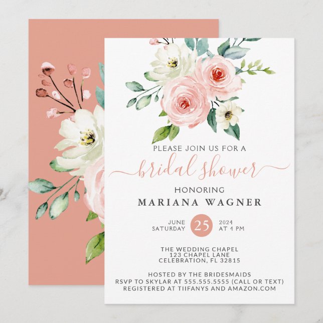 Peach White Watercolor Floral Bridal Shower Invita Invitation (Front/Back)