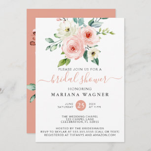 Peach White Watercolor Floral Bridal Shower Invita Invitation