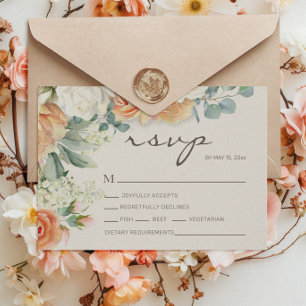 Peach White Watercolor Floral Eucalyptus Wedding RSVP Card