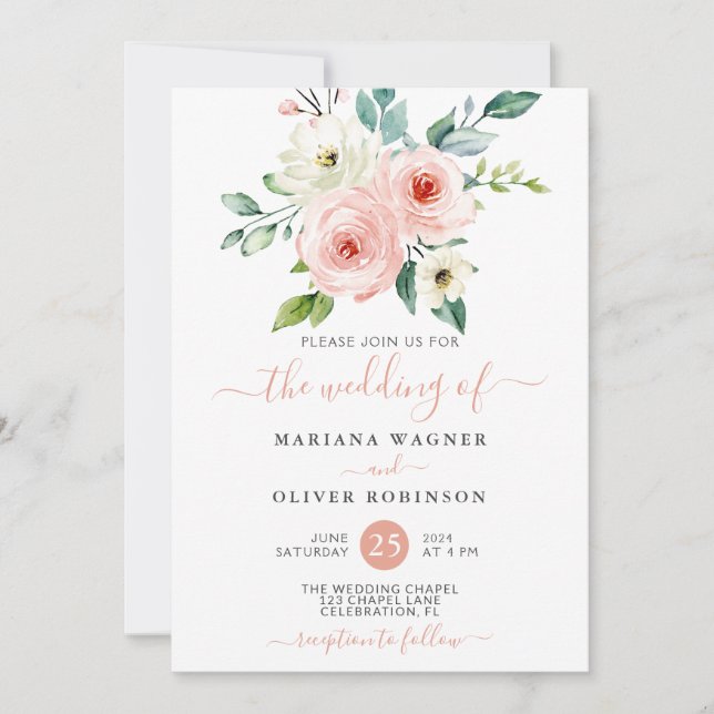 Peach White Watercolor Floral Wedding Invitation (Front)