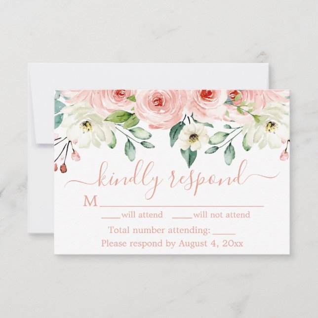 Peach White Watercolor Floral Wedding RSVP Card (Front)