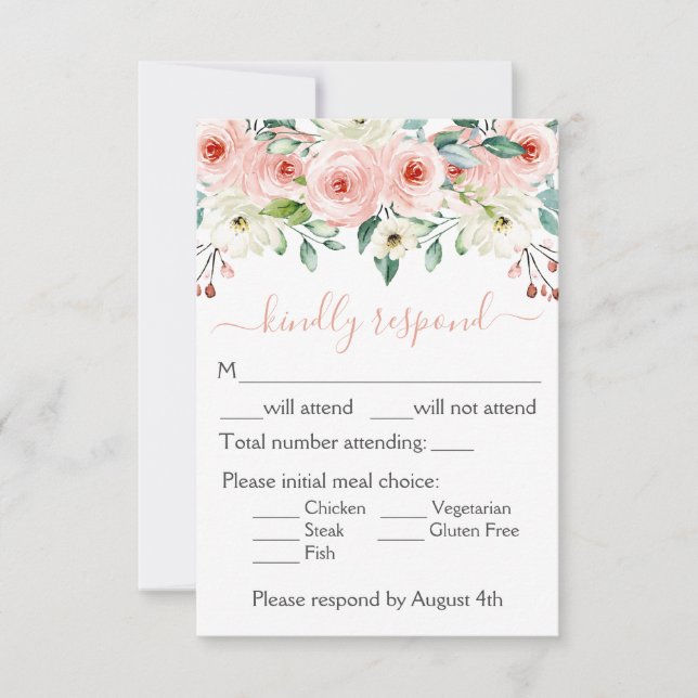 Peach White Watercolor Floral Wedding RSVP Card (Front)