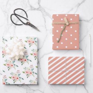 Peach White Watercolor Floral Wedding Wrapping Paper Sheet