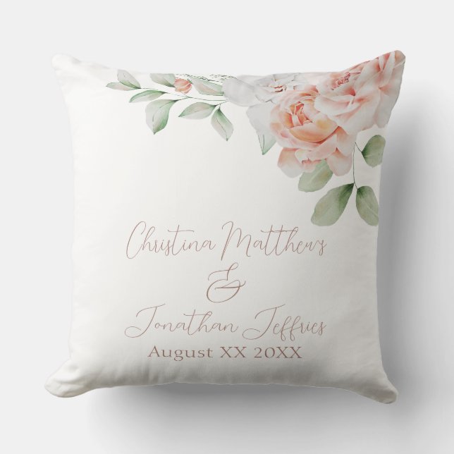 Peach & White Watercolor Flowers Wedding Keepsake Cushion (Front)
