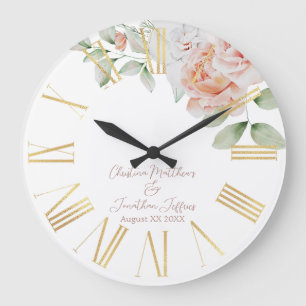 Peach & White Watercolor Flowers Wedding Keepsake Large Clock