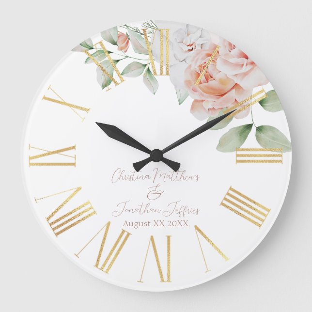 Peach & White Watercolor Flowers Wedding Keepsake Large Clock (Front)