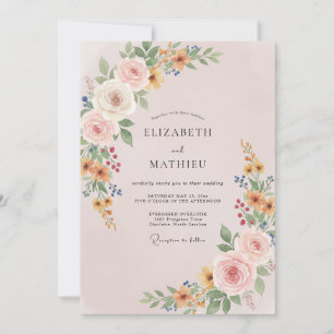 Peach Wildflower Leafy Wedding Invitation