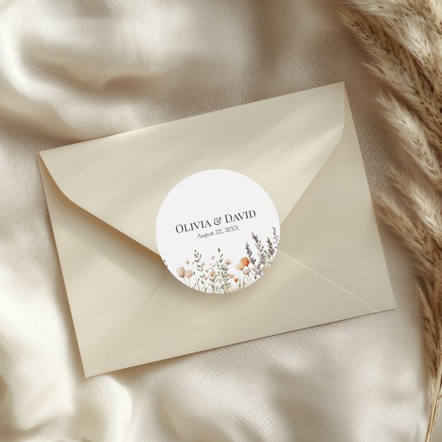 Peach Wildflower Meadow Wedding Classic Round Sticker (Peach Wildflower Meadow Wedding Classic Round Sticker on a wedding envelope.)