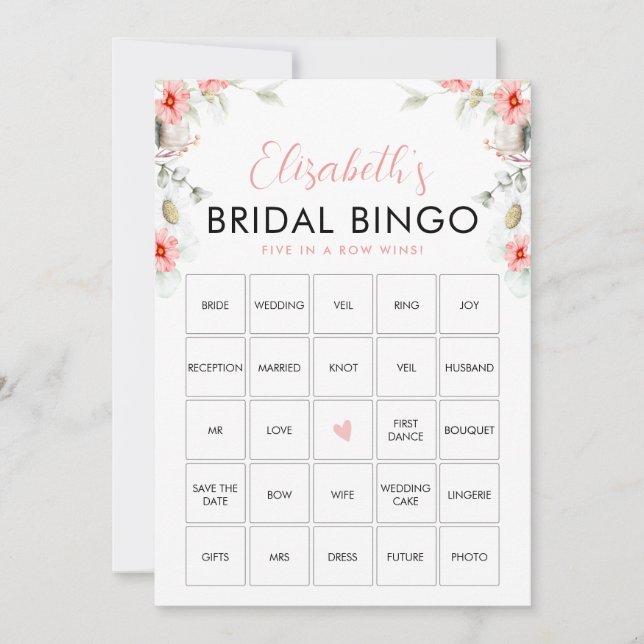 Peach Wildflowers Bingo Bridal Shower Game Card (Front)