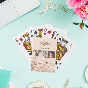 Peach wildflowers photo collage monogram playing cards