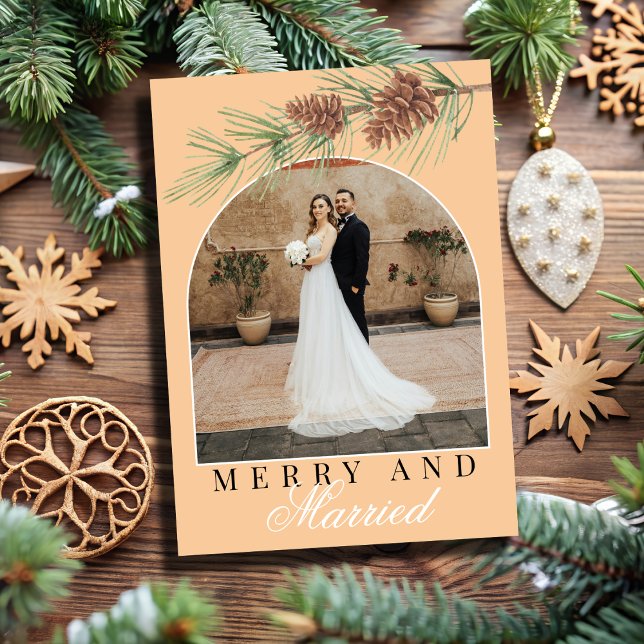 Peach Winter Pine Merry & Married Photo Christmas Holiday Card (Creator Uploaded)