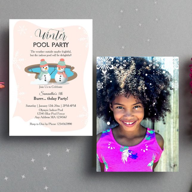 Peach Winter Pool Birthday Party Photo Invitation (Photo Invitation)