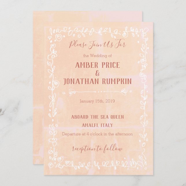 Peach with White Floral Border Wedding Invitations (Front/Back)