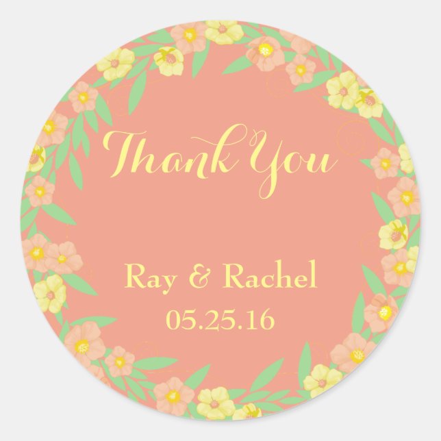 Peach with yellow green floral border Thank You Classic Round Sticker (Front)