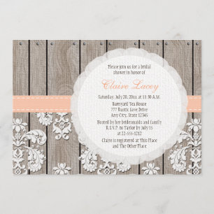 Peach Wood Lace Rustic Bridal Shower Invitations
