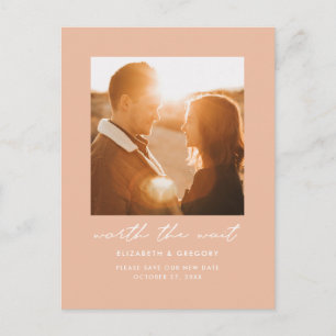Peach Worth the Wait Wedding Change the Date Announcement Postcard