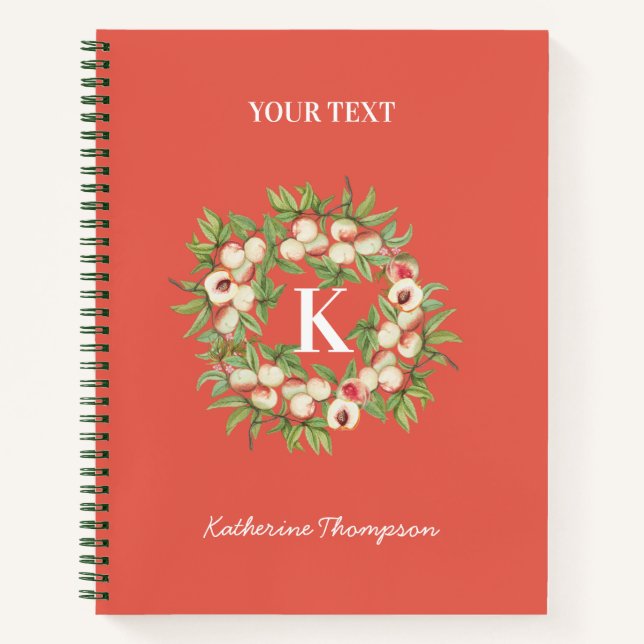 Peach Wreath & Greenery Monogram Initial  Notebook (Front)