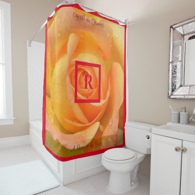Peach Yellow A Rose is the Best Monogrammed  Shower Curtain (In Situ)