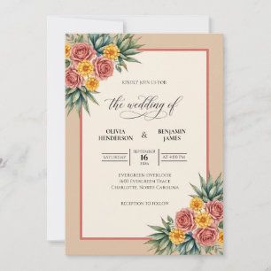 Peach Yellow Bouquet Eucalyptus Wedding Invitation