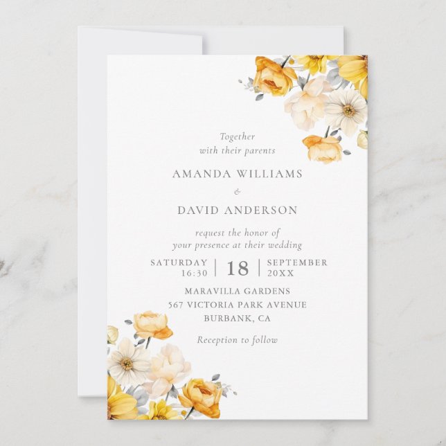 Peach Yellow Cream Floral Wedding Invitation (Front)