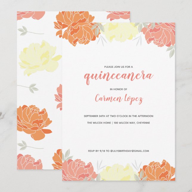 Peach Yellow & Orange Peonies Quinceanera Party Invitation (Front/Back)