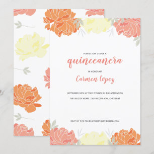 Peach Yellow & Orange Peonies Quinceanera Party Invitation