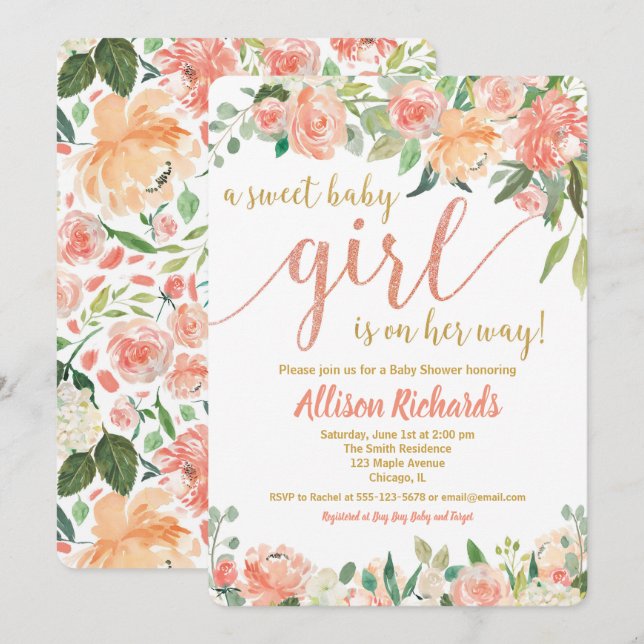 Peaches and cream baby shower invitation girl (Front/Back)