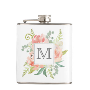 Peaches and Cream Monogrammed Floral Hip Flask