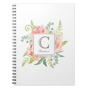 Peaches and Cream Watercolor Floral with Monogram Notebook