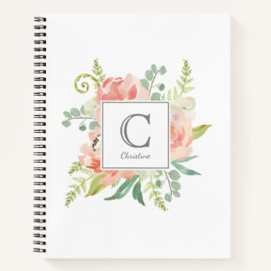Peaches and Cream Watercolor Floral with Monogram Notebook