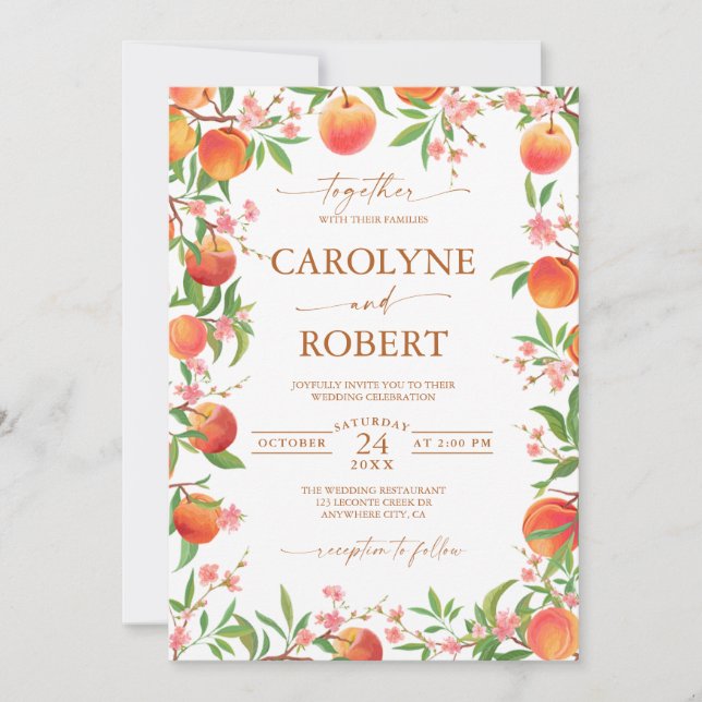 Peaches and Flowers Spring Wedding Invitation (Front)
