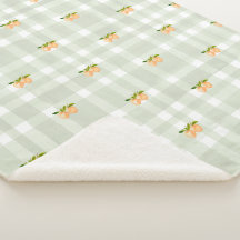 Peaches and sage green plaid sherpa throw blanket