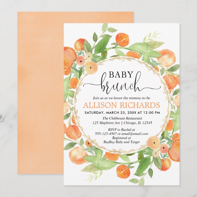 Peaches baby shower brunch, peach watercolors girl invitation (Front/Back)