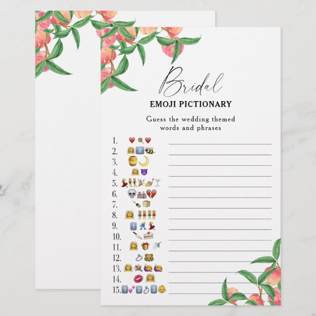 Peaches - bridal shower emoji pictionary game (Front/Back)