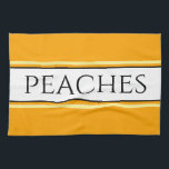 PEACHES Bright Pretty Golden Yellow White Stripes  Tea Towel<br><div class="desc">This fun classy design features PEACHES text inside a wide white centre stripe highlighted with black,  yellow,  and orange pinstripes against bright golden yellow outer stripes.  The text can be personalised.</div>