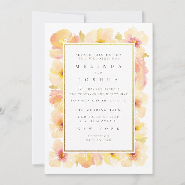 Peaches Cream Gold Frame Photo Wedding Invitation (Front)