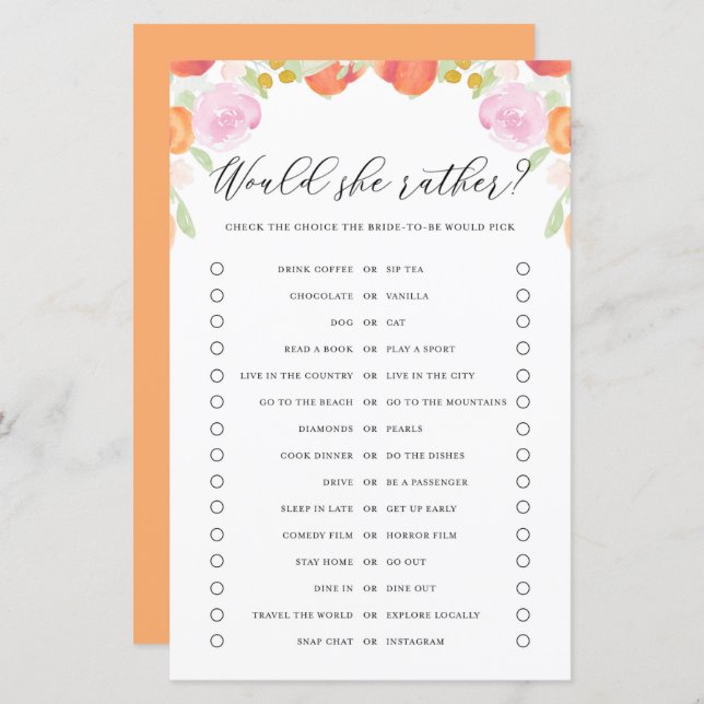 Peaches Floral Would the Bride Rather Shower Game (Front/Back)