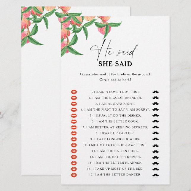 Peaches - He said she said bridal shower game (Front/Back)