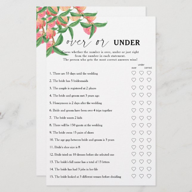 Peaches - Over or under bridal shower game (Front/Back)