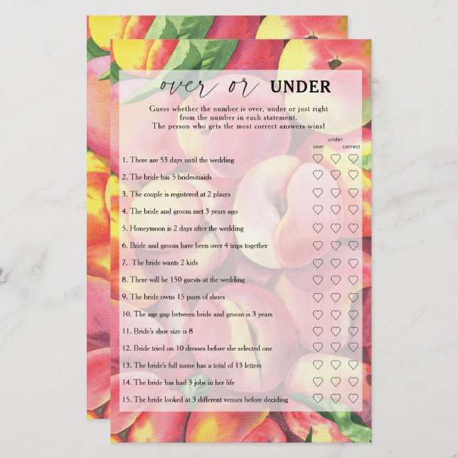 Peaches - Over or under bridal shower game (Front/Back)