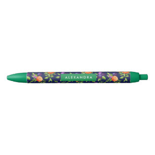Peaches Plums Purple Cute Fruit Botanical Pattern Black Ink Pen
